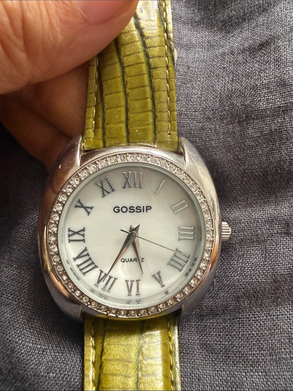 Gossip Silver Case Watch with Olive Green Leather Strap